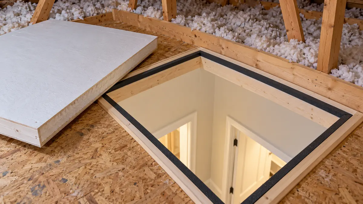 Technician sealing a ceiling penetration in a Temple attic before adding insulation